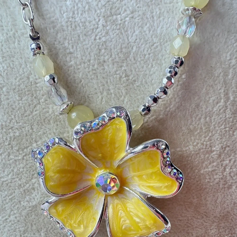 Yellow Rhinestone Flower Pendant Necklace